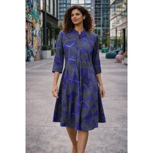 Zuri Kenya Geometric Print Midi Dress Cotton 3/4 Sleeve Small Purple Blue